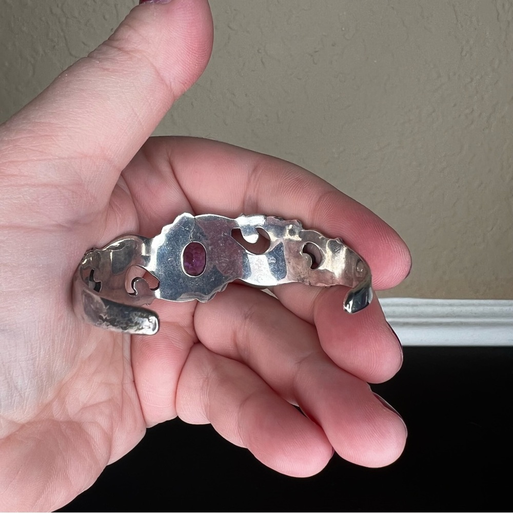 Vintage Sterling Silver and Amethyst Cuff, Ornate Bracelet, February Birthstone - Picture 9 of 10